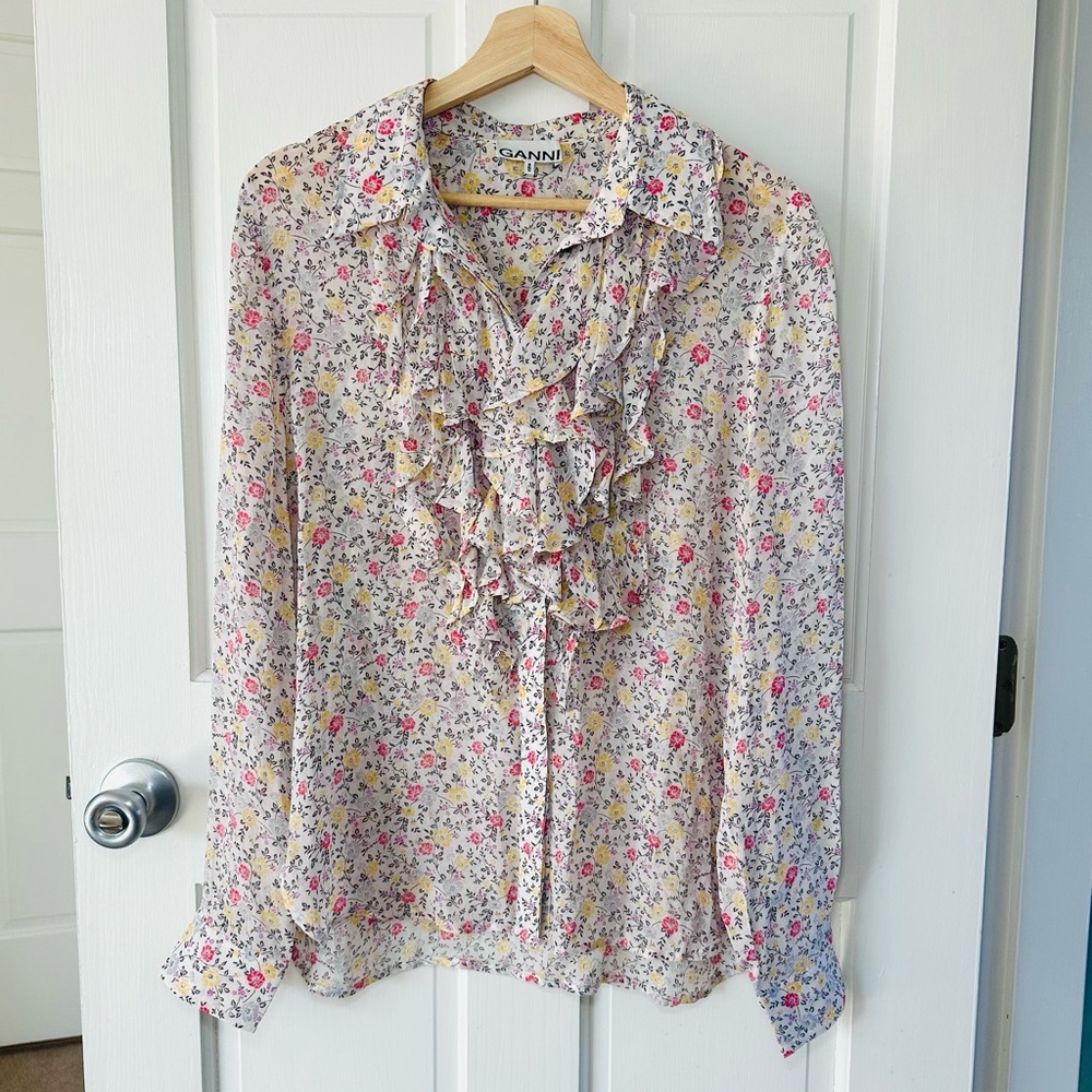 GANNI Ditsy Floral Ruffle Front Blouse Sheer Button Up Top Size M / L